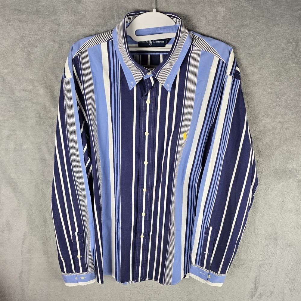 Ralph Lauren Mens Custom Fit Striped Button Down Shirt Navy Blue XL 17.5